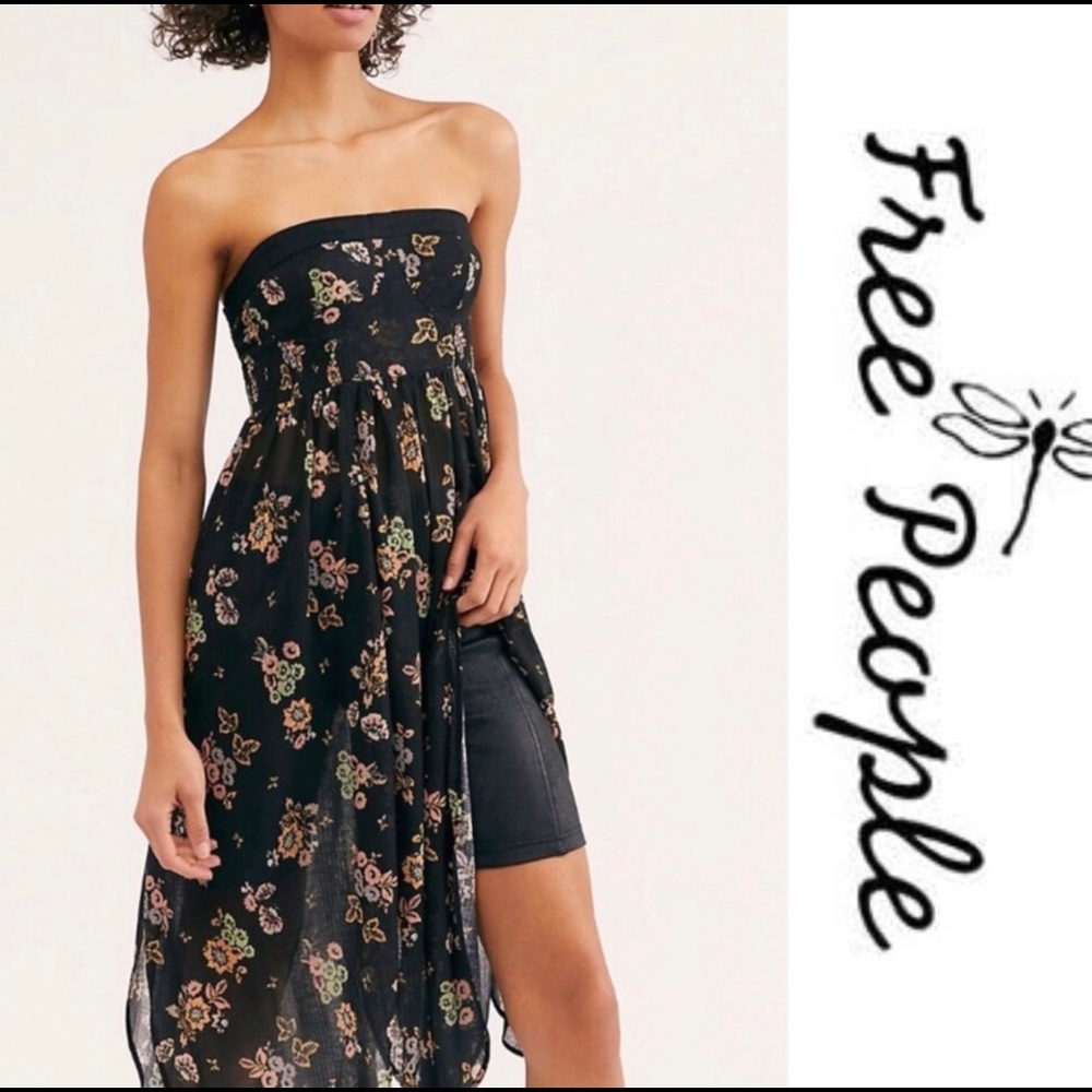 Free People Black Floral Tunic Dress with Floral Print